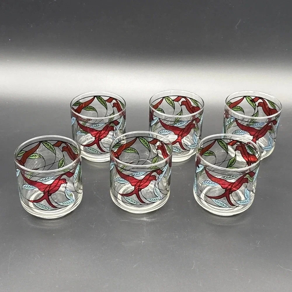 Vintage 1970s Libbey Red Bird Stained Glass Tumblers Lowball Glasses Set of 6